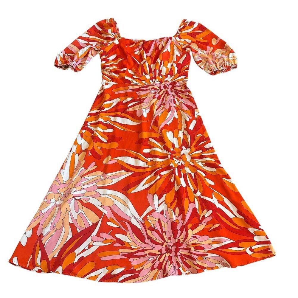 Traffic People Bold Floral Print Dress Tropical High Waist Knee Length Size Med